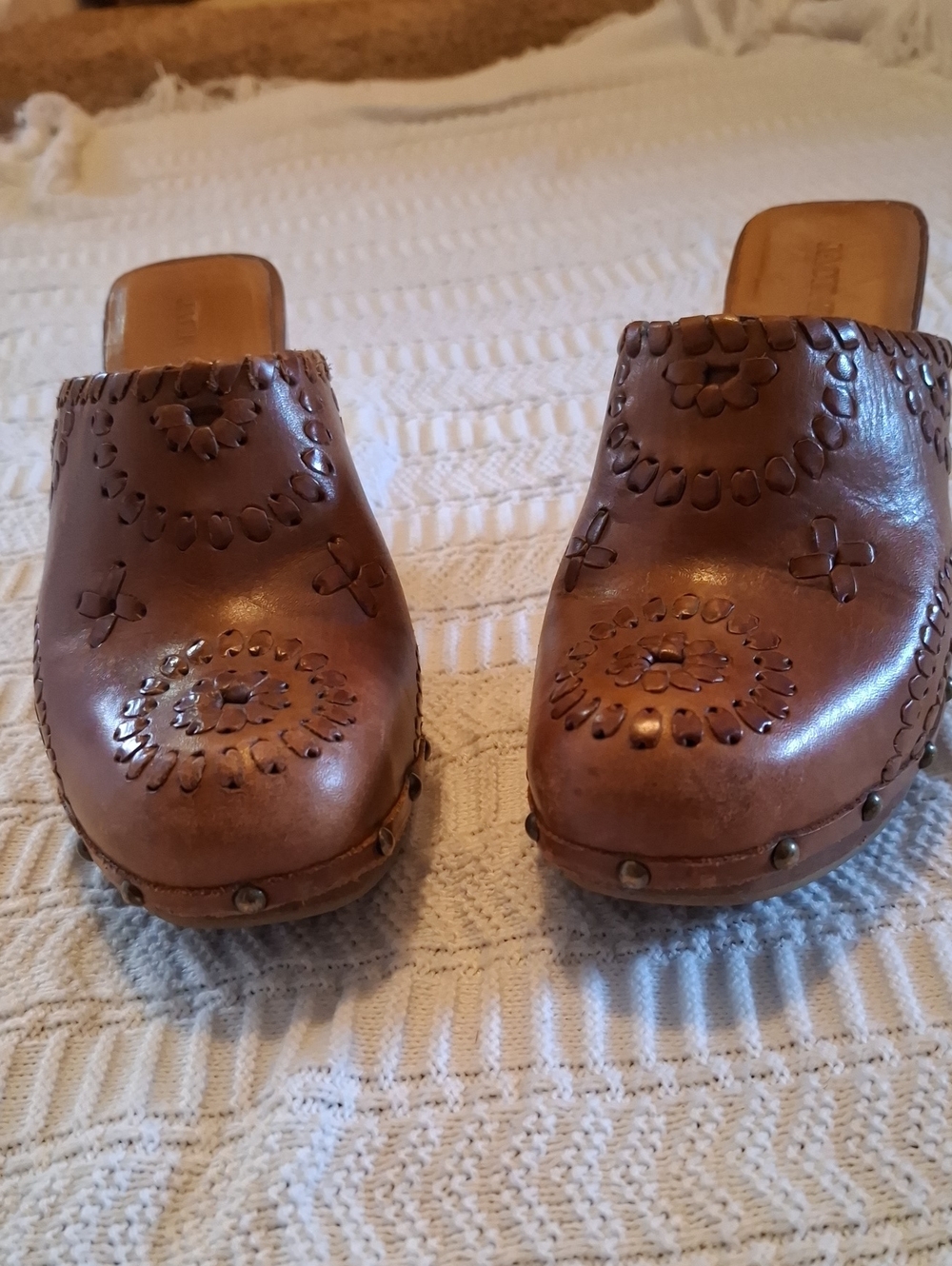 Vintage 1970s Jack Rogers Leather Wood Clogs Western Whipstitch 6.5